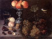 Georg Flegel Still life of grapes on a pewter dish,together with peaches,nuts,a glass roemer and a silver tazza containing apples and pears,and a blue-tit France oil painting reproduction